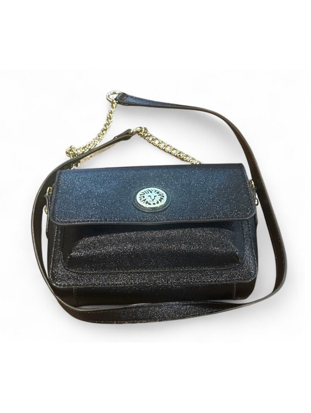 Anne Klein Black Shimmer Vegan Leather Crossbody Bag with Gold Chain Strap